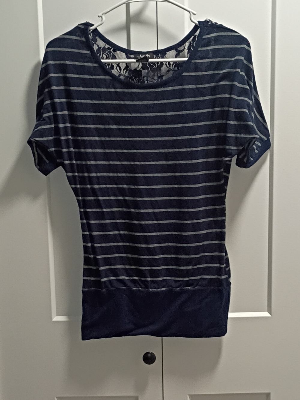 Justice Navy and Light Gray Striped Short Sleeve Tee with Lace Back
